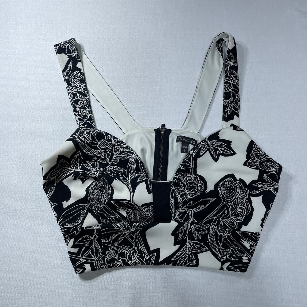 Express Women's Large Black White Floral Bustier Crop Top Zip Back Sleeveless